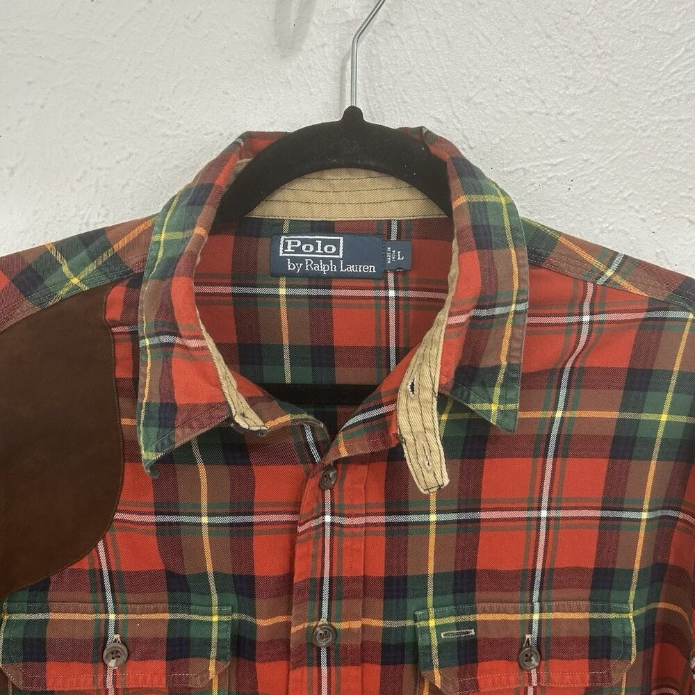 VTG 90s Polo Ralph Lauren Sportsman Plaid Flannel Suede Patch Shooting Shrt Sz L - Picture 8 of 11